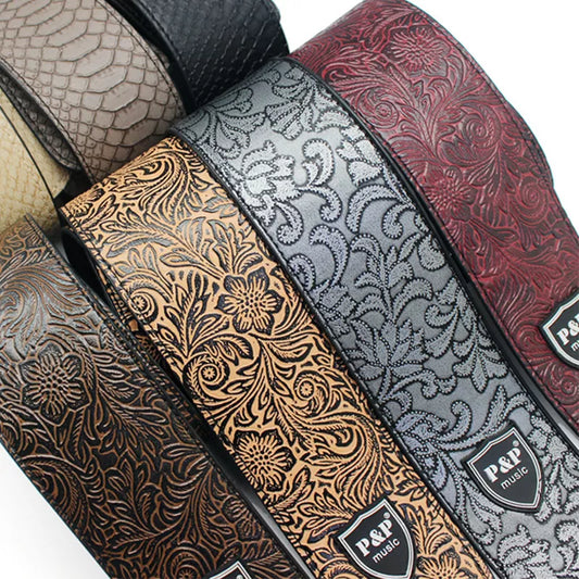 Premium Embroidered Leather Guitar Strap - Adjustable, Durable, and Stylish for Classical, Bass, and Electric Guitars