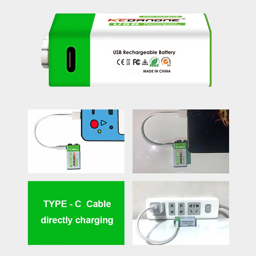 12800mAh 9V Rechargeable Battery - USB Charging, Long-lasting Lithium Li-ion Batteries