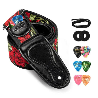 Guitar Strap with 6 Picks & Locks - Electric/Acoustic/Bass - Flower Pattern