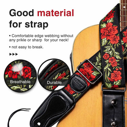 Guitar Strap with 6 Picks & Locks - Electric/Acoustic/Bass - Flower Pattern