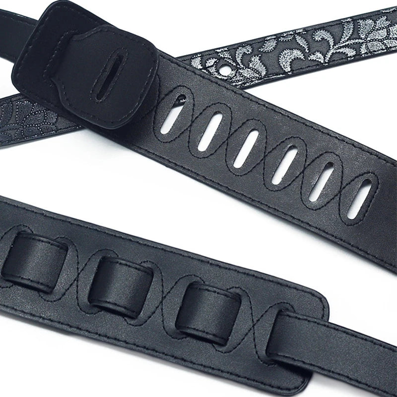 Premium Embroidered Leather Guitar Strap - Adjustable, Durable, and Stylish for Classical, Bass, and Electric Guitars