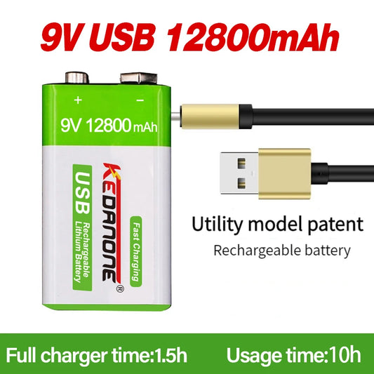 12800mAh 9V Rechargeable Battery - USB Charging, Long-lasting Lithium Li-ion Batteries
