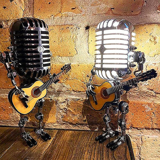 Vintage Metal Microphone Robot Desk Lamp - Handmade Home Decor with Touch Dimmer and LED Lights